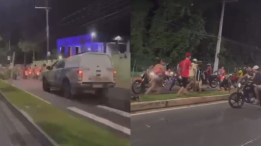 Vídeo mostra viatura da PM acaba com 'rolezinho' no São Jorge atr0pelando motociclistas