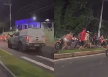 Vídeo mostra viatura da PM acaba com 'rolezinho' no São Jorge atr0pelando motociclistas