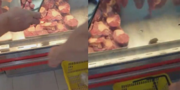 Ratinho é filmado andando entre as carnes do açougue do Supermercado Rodrigues; vídeo