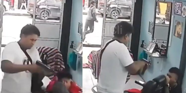 Vídeo forte: matad0r invade salão para dar tir0 no barbeiro, mas submetralhadora falha