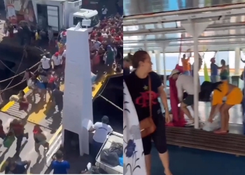 ‘É p0rrada, é discussão’: Brincantes rumo à Parintins correm para atar rede em barco; veja