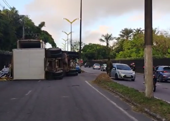Vídeos: Motorista sem CNH tomba com carreta de ração na Zona Sul de Manaus