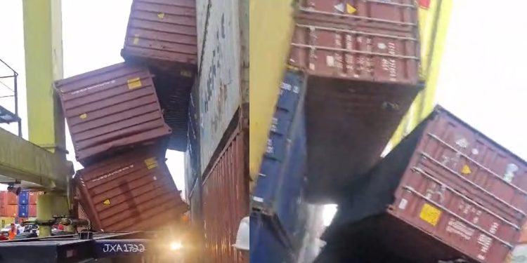Vídeo urgente: pilha de contêineres cai sobre caminhão com motorista dentro no Chibatão