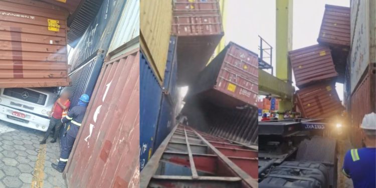 'Não houve vítimas', confirma Porto Chibatão após contêineres caírem sobre caminhão