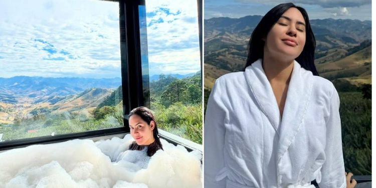 Isabelle Nogueira tira férias e surge relaxada dentro de banheira em paraíso; veja fotos