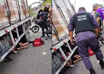 Vídeo forte: motoqueiro vai parar embaixo de caminhão e ag0niza em Manaus