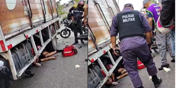 Vídeo forte: motoqueiro vai parar embaixo de caminhão e ag0niza em Manaus