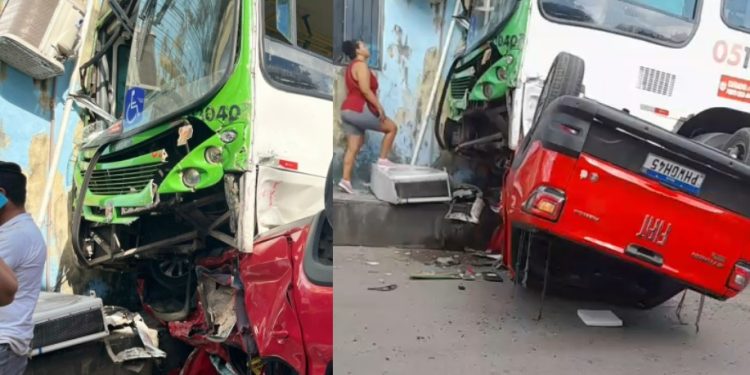 Vídeo f0rte: picape vai parar embaixo de busão após grave acidente em Manaus