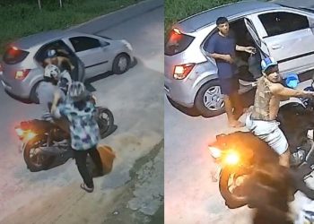 Câmera filma ação de bandidos roub4ndo moto de casal no bairro Flores