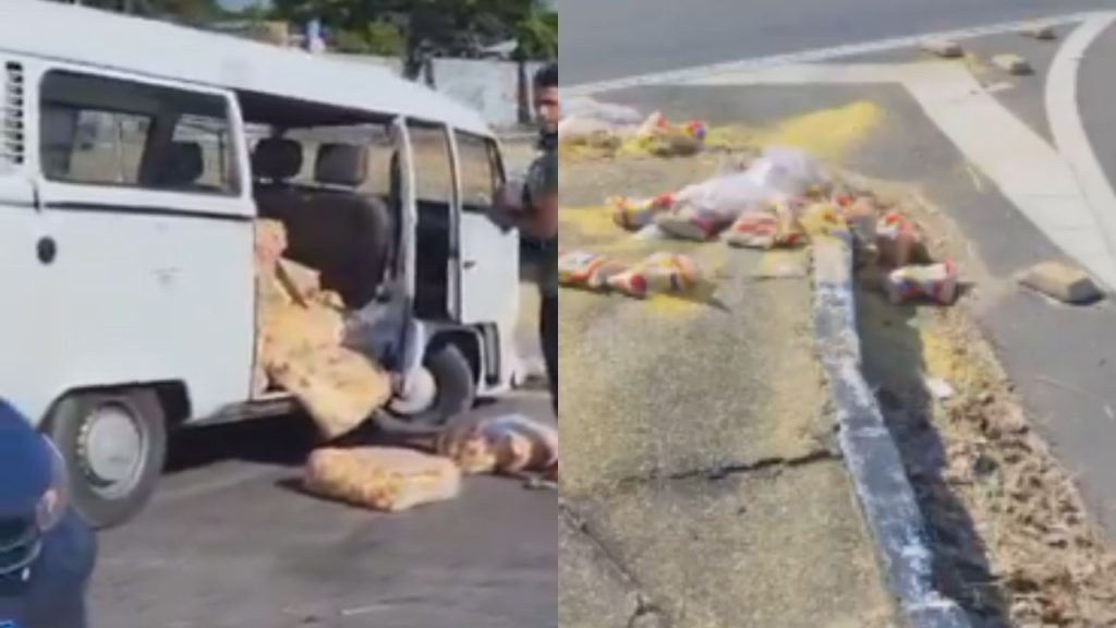 Vídeo: Carga de farinha se espalha após colisão envolvendo Kombi na avenida das Torres: 'ouro'