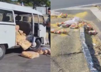 Vídeo: Carga de farinha se espalha após colisão envolvendo Kombi na avenida das Torres: 'ouro'