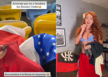 Vídeo: No Maracanã, Ruivinha de Marte tem a bandeira do Amazonas confundida com a dos EUA