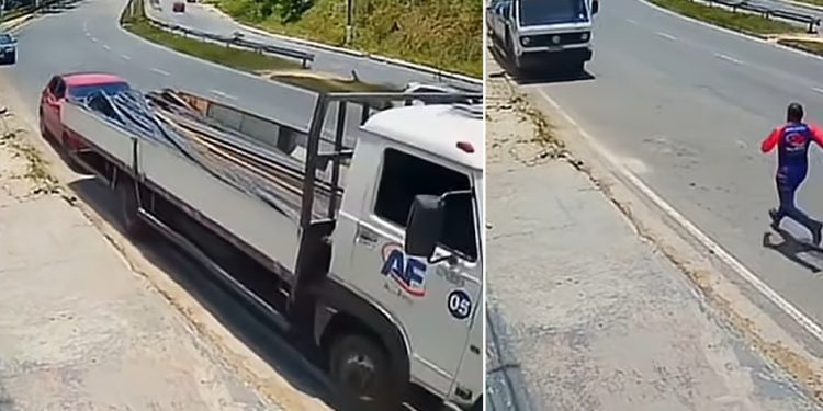 Vídeo: caminhão carregado de ferro desce ladeira de ré e arrasta carros em Manaus