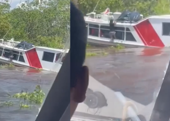 Vídeo mostra tensã0 de embarcação quase naufragando no meio do Rio Negro; veja