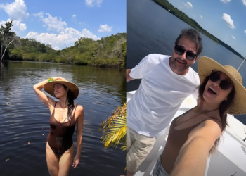 Vídeos: Leticia Spiller e Marcelo Serrado fazem passeio no Rio Negro e ator canta toadas dos bois