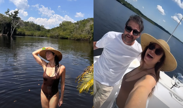 Vídeos: Leticia Spiller e Marcelo Serrado fazem passeio no Rio Negro e ator canta toadas dos bois