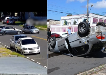Vídeo: Carros c0lidem em cruzamento e um fica capotado na Cachoeirinha
