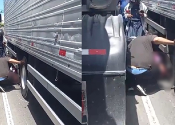 Vídeo: Motociclista quase m0rr3 ao ser imprensado por dois caminhões em Manaus