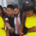 Vídeo: Bucho ‘quebrad0’ de Raquel Brito quase a faz perder vestido na saída de delegacia