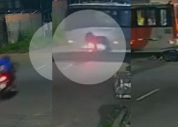 Vídeo: entregador leva a pior após impacto entre moto e ônibus em Manaus