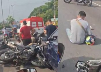 Vídeo: motoqueiro “voa” e moto fica presa a um carro após ch0que em Manaus