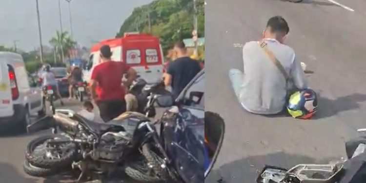 Vídeo: motoqueiro “voa” e moto fica presa a um carro após ch0que em Manaus