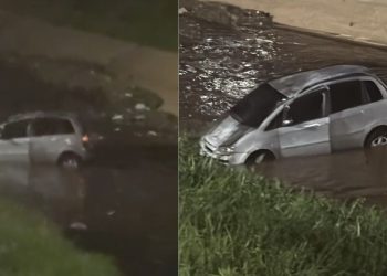Carro cai em igarapé após motorista perder direção na Avenida Brasil