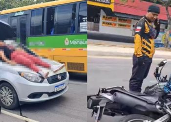 Motoqueira vai parar em cima do capô do carro na Z0na Leste de Manaus