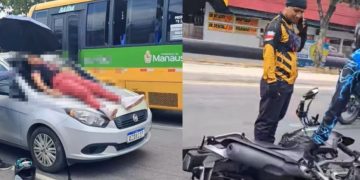 Motoqueira vai parar em cima do capô do carro na Z0na Leste de Manaus