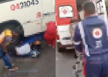 Vídeo: Ac1dente entre moto e ônibus deixa dois homens com as pernas e$magad@s em Manaus