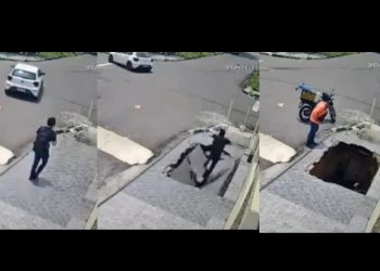 Vídeo urgente: buraco se abre na calçada e “engole” homem em Manaus