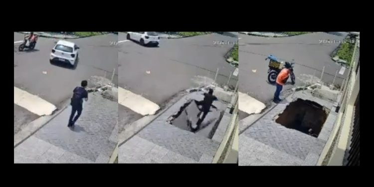 Vídeo urgente: buraco se abre na calçada e “engole” homem em Manaus