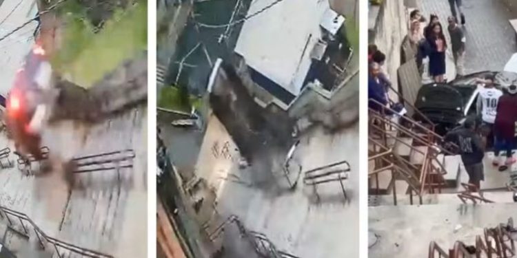 Vídeo: Carro despenca de escadaria após motorista passar mal