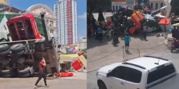 Trabalhador fica em estado grav3 após ac1dente com guindaste de árvore de Natal no Largo; vídeo