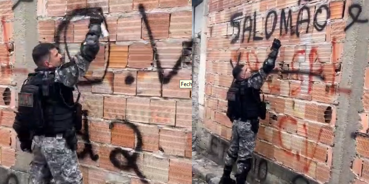Vídeo: Policial apaga símbolo de f@cçã0 e marca território de boca de fumo com nome da Rocam em Manaus