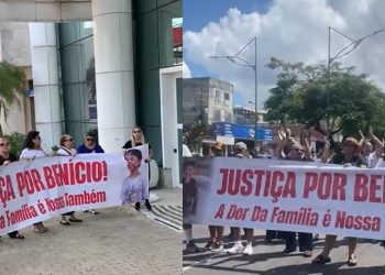 Vídeos: família de Benício Xavier protesta na porta da Santa Júlia e pede justiça