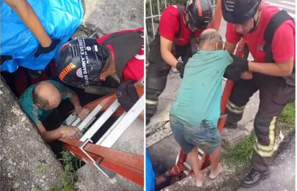 Em Manaus, bombeiros resgatam idoso que caiu em bueiro durante chuva e ficou dois dias lá
