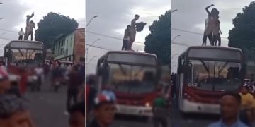 Vídeo: trio sobe no teto do ônibus e “samba” em cima na Avenida Itaúba
