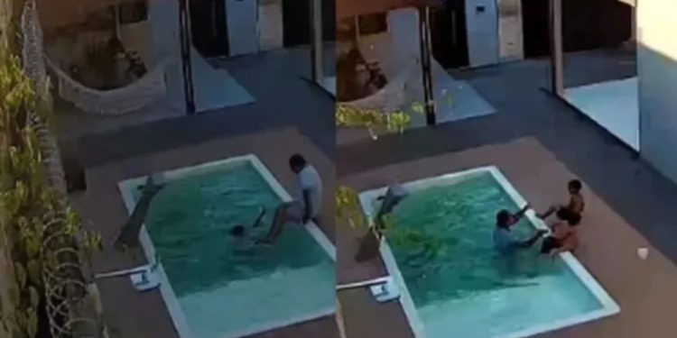 Pai corre e mergulha para resgatar filhos que se af0gavam na piscina; veja o vídeo