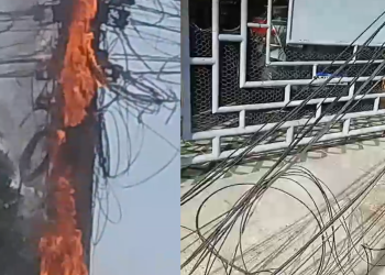 Vídeo: Morador fica ‘ilhado’ após poste pegar fogo em frente da garagem de casa em Manaus