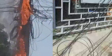 Vídeo: Morador fica ‘ilhado’ após poste pegar fogo em frente da garagem de casa em Manaus