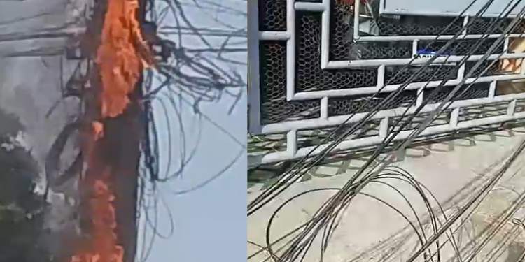 Vídeo: Morador fica ‘ilhado’ após poste pegar fogo em frente da garagem de casa em Manaus
