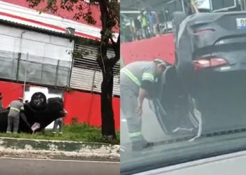 Vídeo: carro bate a roda no meio-fio e capota na Rodrigo Otávio