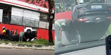 Vídeo: carro bate a roda no meio-fio e capota na Rodrigo Otávio