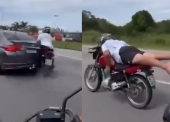 Vídeo: motoqueiro faz presepada na BR e acaba arrebentad0 no chão