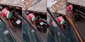 Vídeo: motoqueiro tenta passar entre ônibus e caminhão e acaba exprimido  