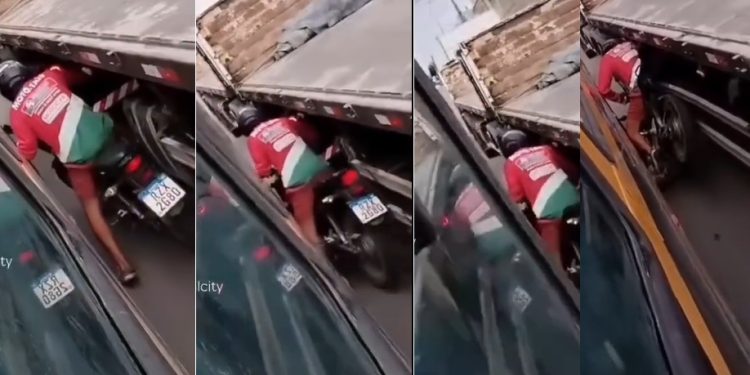 Vídeo: motoqueiro tenta passar entre ônibus e caminhão e acaba exprimido  