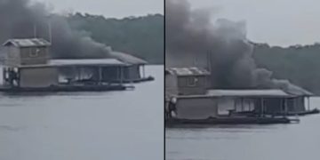 Vídeo: flutuante pega fogo no meio do rio hoje à tarde em Manaus