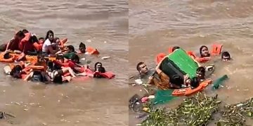 Vídeo urgente: embarcação com dezenas de passageiros vira no Encontro das Águas