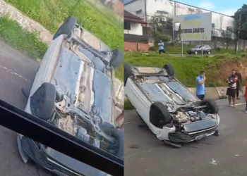 Vídeo: Motorista cap0ta veículo na avenida Presidente Dutra e é s0corrid0 pelo Samu em Manaus